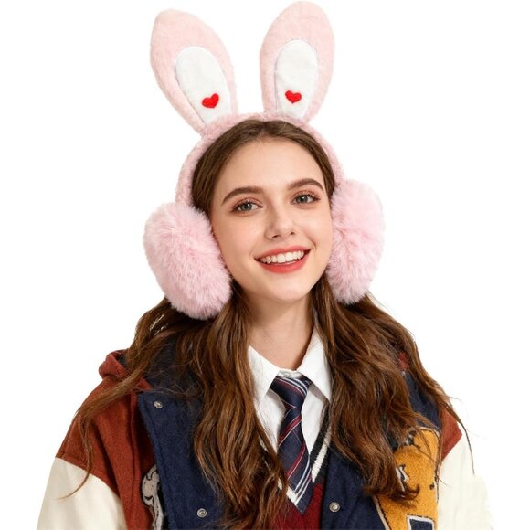 Women's Pink Lovely Bunny Earmuffs Winter Warm Plush Foldable Soft Ear Warmer - Picture 1 of 9